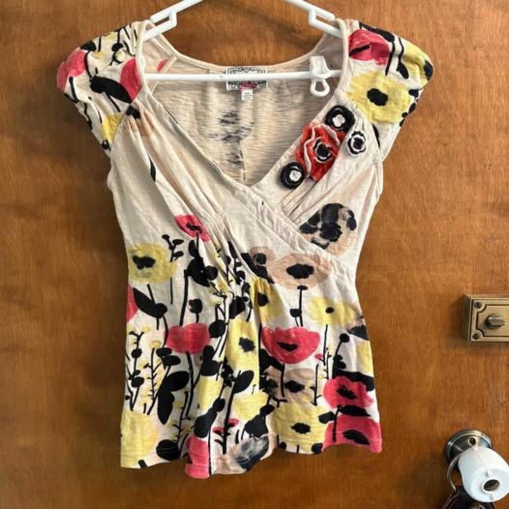 Yoana Baraschi Cream Floral Print Short Sleeve Blouse with Red & Yellow Accents